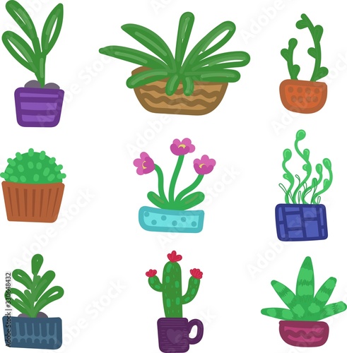 vector set of elements, indoor plants in pots, simple primitive drawings