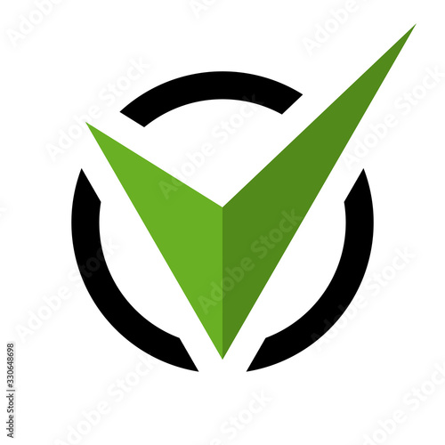 Flat checkbox icon, green tick symbol in a black circle isolated on a white background. EPS10 vector file