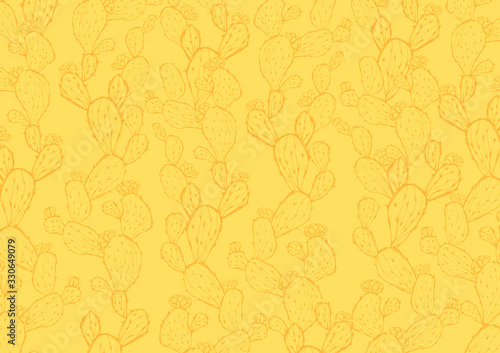 レトロなサボテン柄の背景素材　黄色　手書きイラスト　メニュー表　植物柄