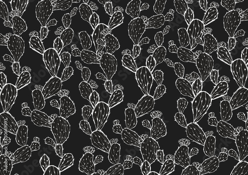 レトロなサボテン柄の背景素材　手書きイラスト　白黒　黒板　メニュー表　植物柄