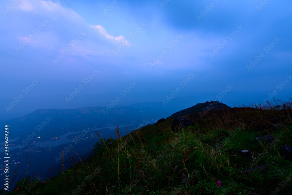 Beautiful view of Ilaveezhapoonchira from the top of hill, a tourist destination located in Melukavu village in Kottayam district near Kanjar, Kerala, India.