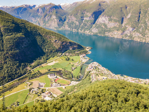 Aerial view of aurland town from stegastein photo