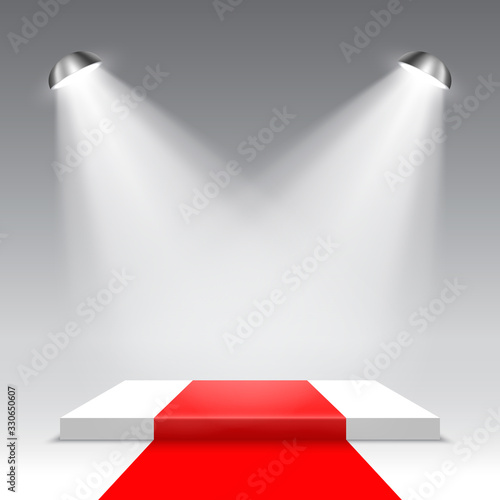 Stage for awards ceremony. White square podium with red carpet. Pedestal. Vector illustration.