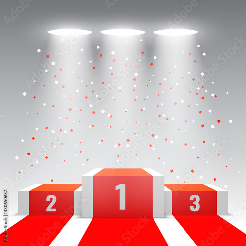 White winners podium with red carpet and confetti. Stage for awards ceremony with spotlights. Pedestal. Vector illustration.