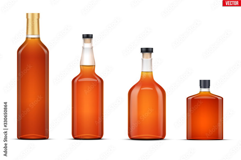 Vecteur Stock Mockup set of whiskey bottle. Transparent glass. Example  bottle for whickey and cognac and brandy beverages. Vector Illustration  isolated on white background. | Adobe Stock