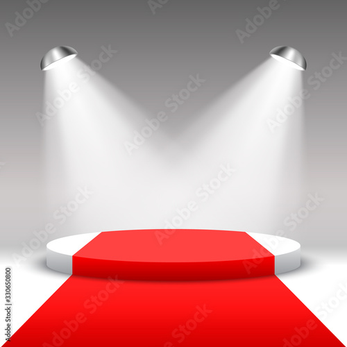 Round podium with red carpet. Pedestal. Vector illustration.