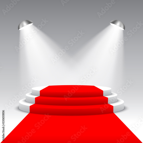 Stage for awards ceremony. White podium with red carpet. Pedestal with spotlights. Scene. Vector illustration.