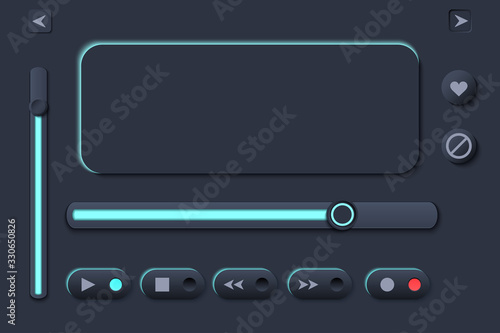 Neumorph UI Player kit with buttons and slider and switches. Dark set. Workflow Control and navigation elements in Skeuomorph Trend. Design for smart technology applications. Vector illustration.