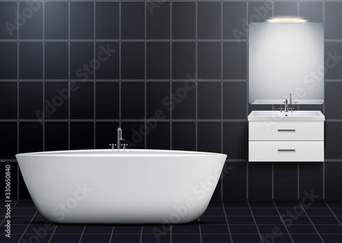 Bath and Washbasin cabinet with mirror and light. Dark Domestic and hotel bathroom design Interior. Bath and White porcelain sink and wooden stand cabinet. Vector Illustration
