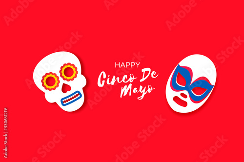 Cinco De Mayo Banner with skull and luchador mask in paper cut style. Red background. Space for text.
