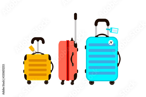 Three Travel Suitcases. Time to travel. Trip to World. Vacation. Holidays. Travel banner. Yellow, red and blue bag. Modern flat design.