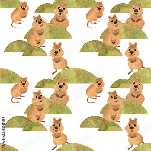 Seamless pattern of cute kawaii hand drawn watercolor art. Smiling australian quokka with baby in bag in landscape
