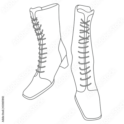 Isolated vector illustration. Pair of vintage female laced boots. Retro fashion footwear. Black and white linear silhouette.
