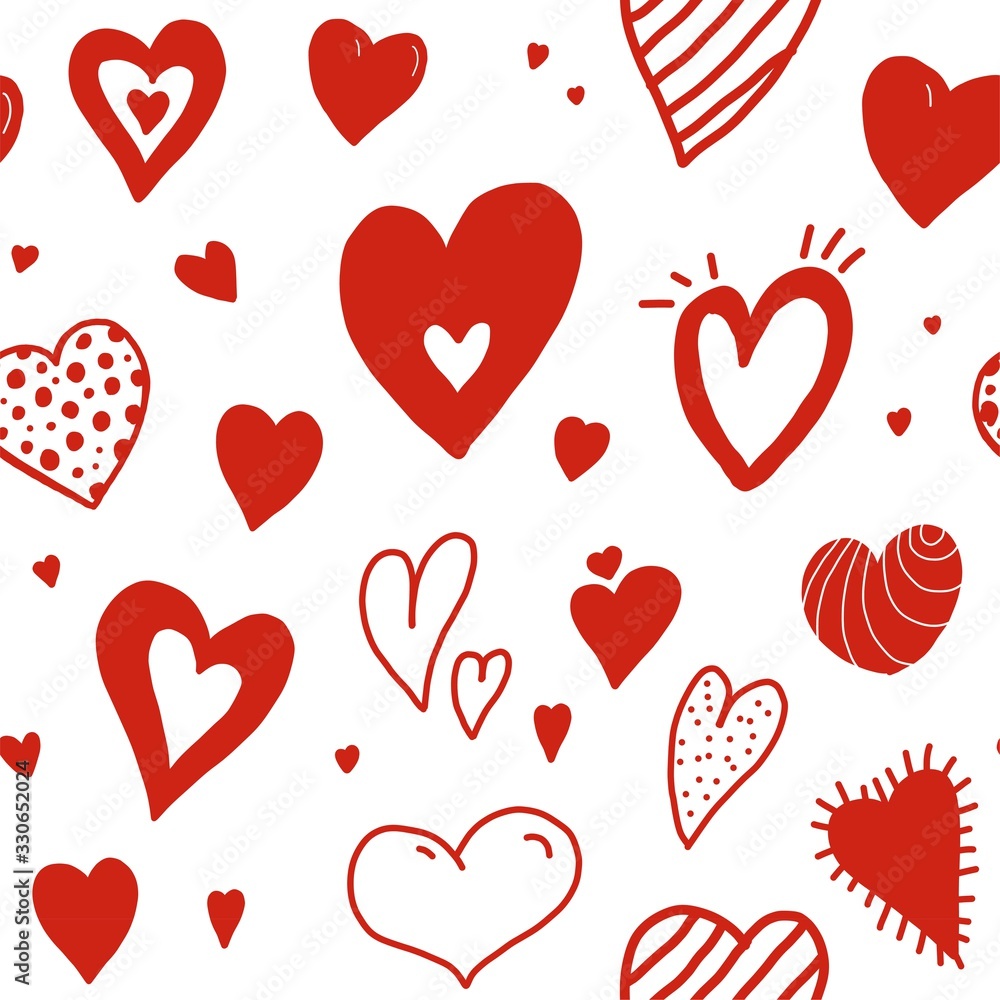 Seamless pattern with red doodle hearts. 