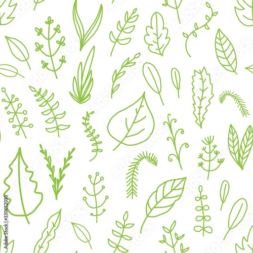 Seamless nature background with doodle plants. Hand drawn leaves pattern