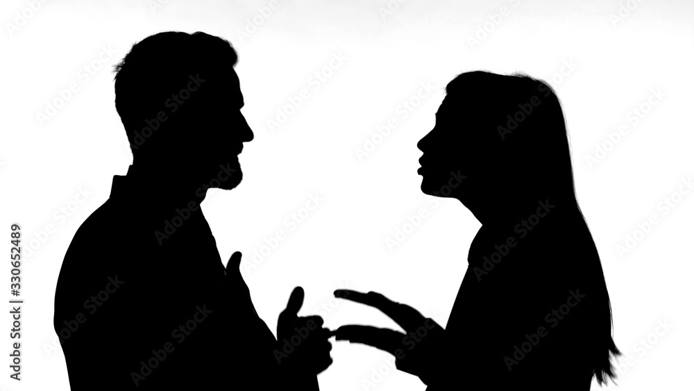 The Silhouette of Couple Fighting Against White Background