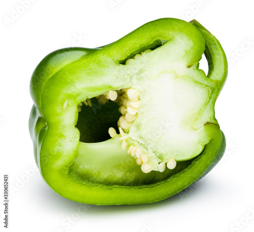 Green bell pepper cut in half isolated on white with clipping path.