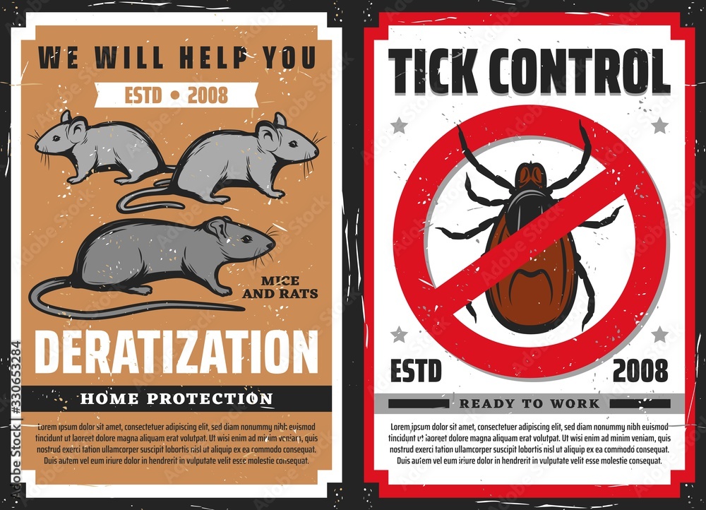 Insect Control Warning Label Pest control vector design with rat or mouse and tick with red warning ...