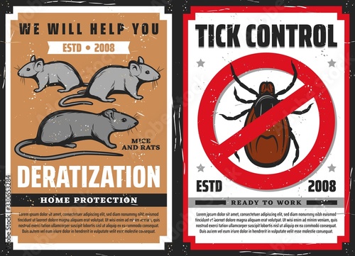 Pest control vector design with rat or mouse and tick with red warning sign. Deratization and mite control retro posters of rodent extermination, disinfection and disinsection services
