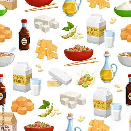 Soybean food vector seamless pattern. Background with soy milk, oil and sauce bottles, tofu, tempeh and miso paste, flour, noodles and meat, tofu skin and sprouted seeds of edamame