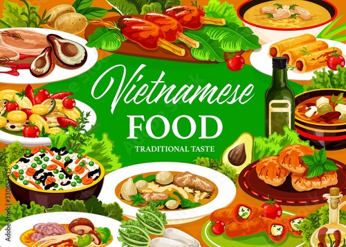 Vietnamese cuisine meals. Vector asian cuisine dishes food frame. Vegetable rice, baked fish and grilled meat, beef pho bo and mushroom noodle soups, sweet pancakes and peppers stuffed with cheese