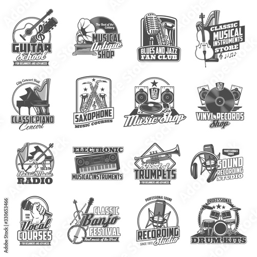 Musical instruments, sound equipment and vinyl music vector icons. Piano, drum, guitar and saxophone, violin, trumpet and banjo, headphones, record player, synthesizer and loudspeaker symbols