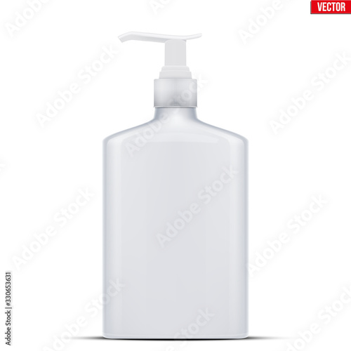 Sanitizer bottle spray with gel. Disinfectant Container with pump. Safety in an epidemic and pandemic. Vector Illustration isolated on white background.
