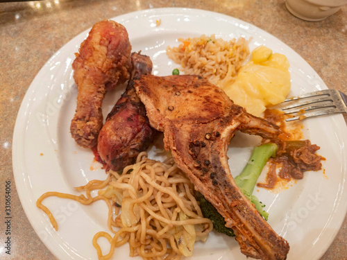 Photography Close up shot of a plate of cheap buffet