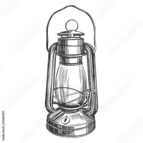 kerosene lamp, vintage decorative decoration, symbol of light hand drawn vector illustration realistic sketch