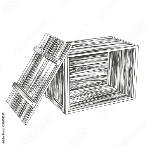 crates, open wooden box, parcel hand drawn vector illustration realistic sketch