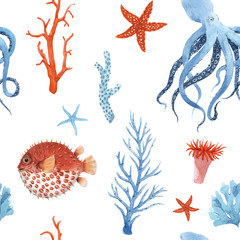 Wandcirkels Zee patronen Aquarel onderwaterwereld met zeedieren  © Zenina-Lembrik