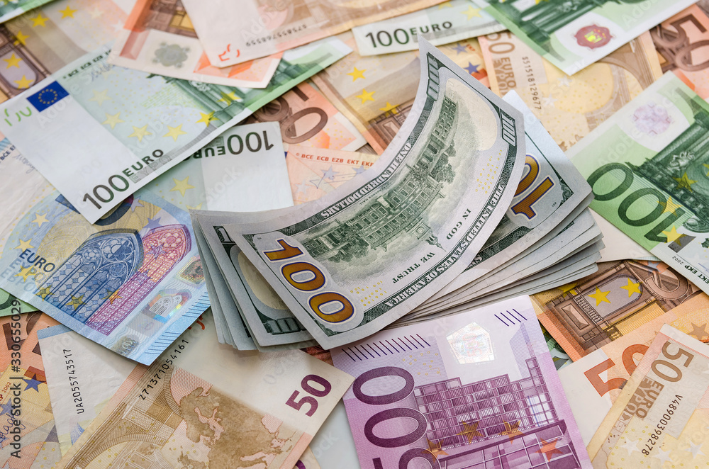 Obraz premium background with euro and dollars. Different world banknotes.