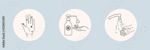Coronavirus COVID-19 preventions tips, sanitizing with alcohol and washing hands. Corona virus vector isolated on white background photo