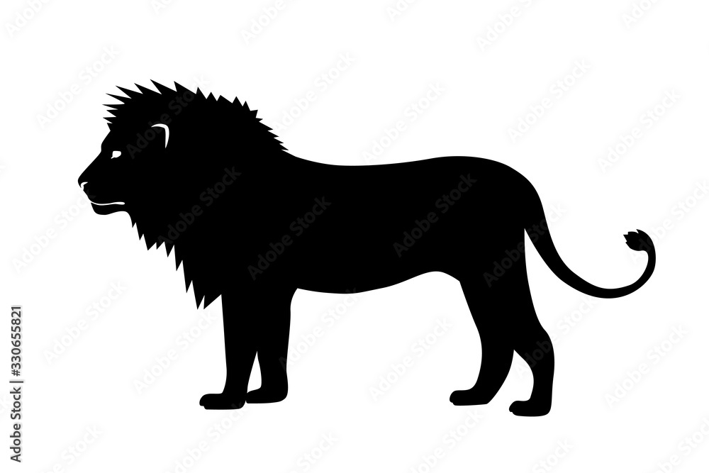 Vector illustration of a black silhouette lion. Isolated white background. Icon lion side view profile. Laser cutting path.