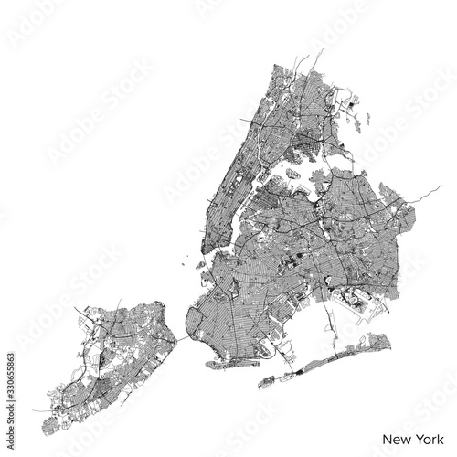 New York city map with roads and streets, United States. Black and white. Vector outline illustration.