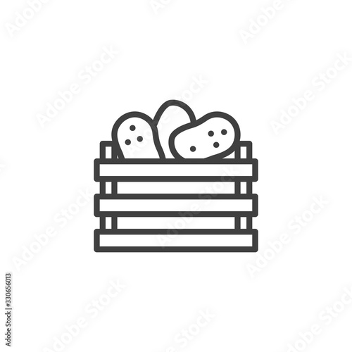 Potato box line icon. linear style sign for mobile concept and web design. Wooden crate with potato outline vector icon. Harvest symbol, logo illustration. Vector graphics