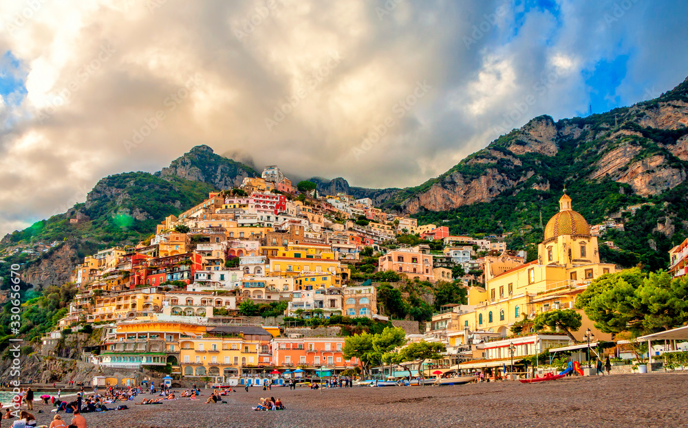 Obraz premium Positano is a village on the Amalfi Coast, in Campania, Italy. Famous travel destination and tourist resort in Italy.