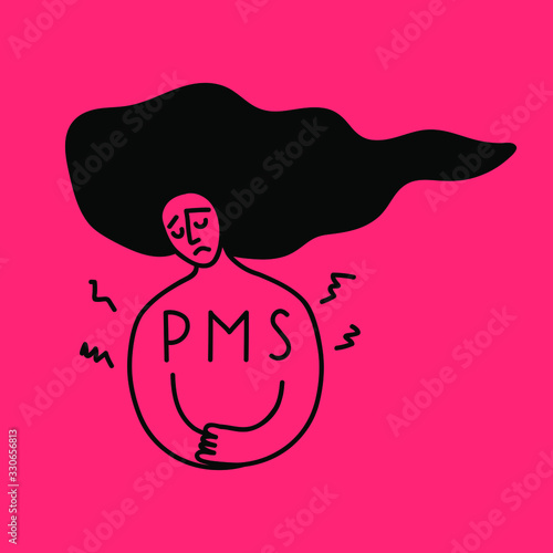 Girl have painful premenstrual period. Vector outline illustration on red background.