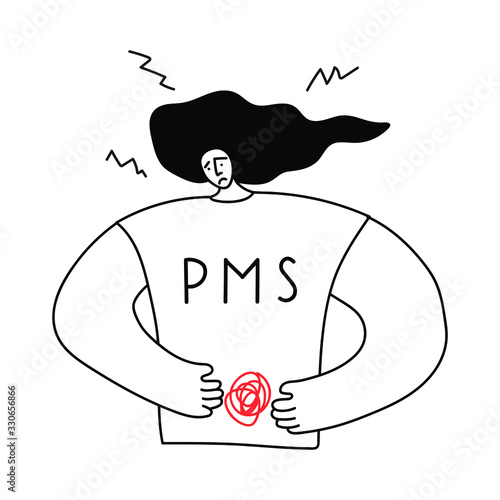 Pms concept. Girl feel pain in premenstrual period. Vector outline illustration on white background.