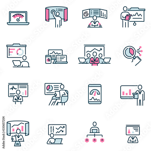 Vector set of linear flat icons related to gathering, analytics information, development statistic, expertise and consulting. Mono line pictograms and infographics design elements