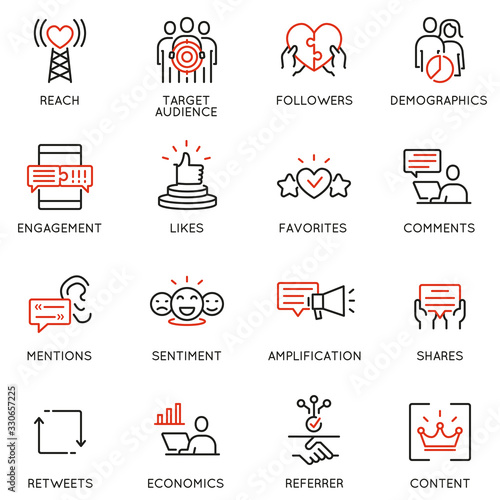 Vector set of linear icons related to influence marketing and social media promotion services. Mono line pictograms and infographics design elements - part 5