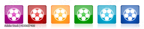 Soccer icon set, colorful square glossy vector illustrations in 6 options for web design and mobile applications
