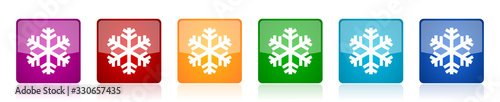 Snow icon set, colorful square glossy vector illustrations in 6 options for web design and mobile applications