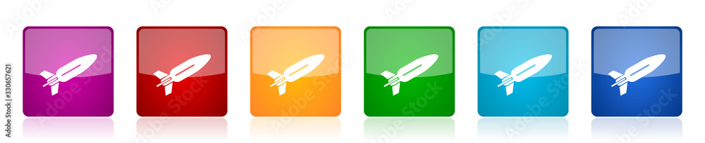 Missile icon set, rocket, weapon, war colorful square glossy vector illustrations in 6 options for web design and mobile applications Missile icon set, rocket, weapon, war colorful square glossy vector illustrations in 6 options for web design and mobile applications