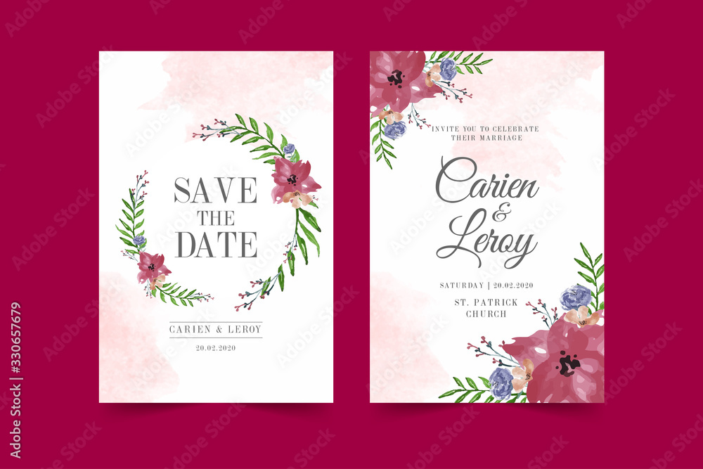 Wedding invitation and menu template with beautiful leaves Free Vector