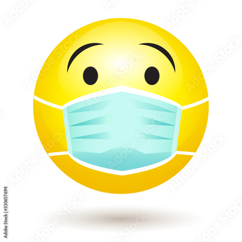Smile emoji wearing a protective surgical mask. Icon for coronavirus outbreak. Infected patient wears medical face mask to prevent spread of illness. Vector Illustration.