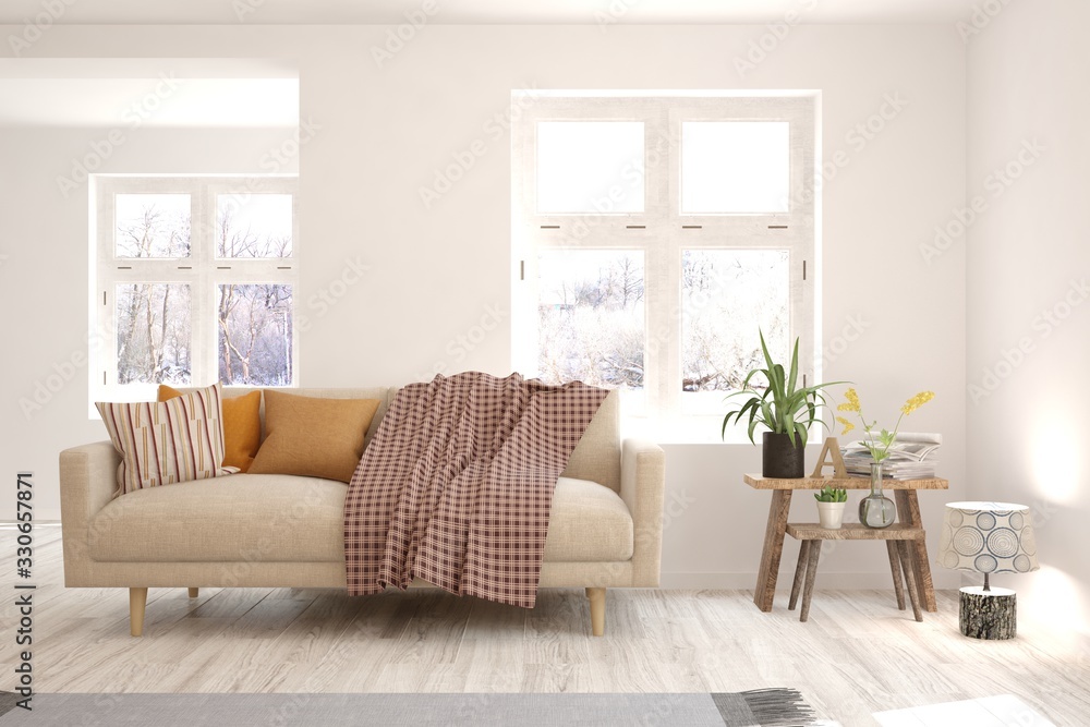 Modern living room in white color with sofa and winter landscape in window. Scandinavian interior design. 3D illustration Modern living room in white color with sofa and winter landscape in window. Scandinavian interior design. 3D illustration