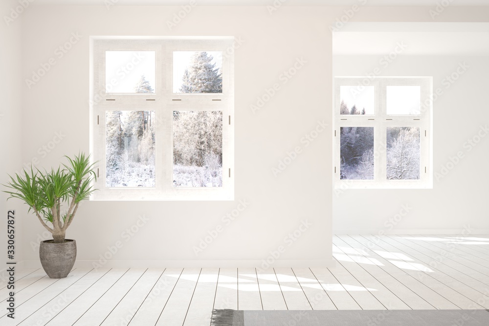 Fototapeta premium Mock up of empty living room in white color with winter landscape in window. Scandinavian interior design. 3D illustration