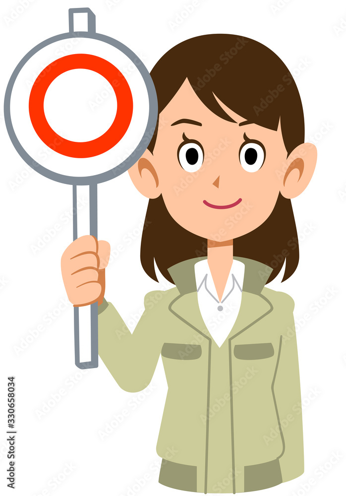 正解の札を出す作業服を着た女性