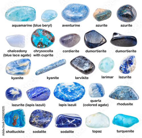 set of various blue gemstones with names isolated